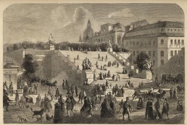 Brühlsche Terrasse in Dresden, Deutschland - Die große Treppe der Brühlschen Terrasse in Dresden im Jahr 1864