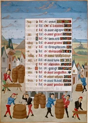 Kalender: August - Herstellung von Weinfässern - Miniatur von Meister Jean de Rolin (15. Jahrhundert) aus „Die Stunden von Adelaide von Savoyen, Herzogin von Burgund“