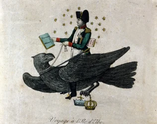 Karikatur über Napoleon über sein Exil auf der Insel Elba. Napoleon auf einem Adler hält in seiner rechten Hand ein Buch mit dem Titel Militärische Einberufung. Gravur der Zeit.