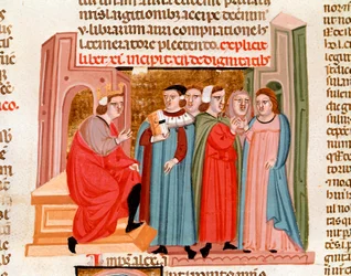Feier einer Hochzeit zur Zeit von Kaiser Justinian (483-565). Miniatur aus „Justinianus Institutiones“ 14. Jahrhundert, Padua, Biblioteca capitolare