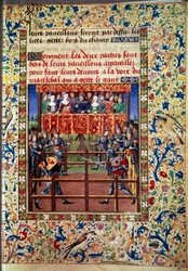 Zeremonien und Verordnungen als Kampfversprechen: Duell im geschlossenen Feld zwischen zwei Rittern. Miniatur aus einem Manuskript von Jean de Rolin (15. Jahrhundert) 1460 Paris, B.N.