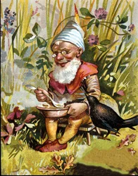 Charakter des Zwergs oder Kobolds isst Suppe