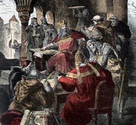 Karl der Große (742 - 814) auf seinem Thron, der die Palastakademie leitet (Stich)