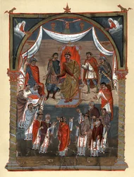 Karl II der Kahle (823 - 877), König von Frankreich, empfängt eine Delegation von Mönchen aus Tours. Faksimile in Chromolithographie des 19. Jahrhunderts nach einer Miniatur des 10. Jahrhunderts, aufbewahrt in der B.N. de Paris