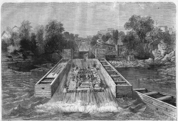 Charles Stanley Monck (1819-1894), Kanadas erster Generalgouverneur, besucht die Ottawa-Fälle in Oberkanada. Gravur in "L