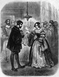 Karl V. (1500-1558) mit Anne de Pisseleu (1508-1580), Herzogin von Étampes, Mätresse von Franz I., genannt La Belle Ferronnière. Gravur des 19. Jahrhunderts.