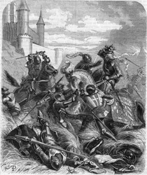 Karl der Kühne, Herzog von Burgund (1433-1477) in der Schlacht von Montlhéry im Jahr 1465. Gravur des 19. Jahrhunderts.