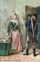 Charlotte Corday (1768 - 1793) nach dem Mord an Marat. Liebig-Chromolithographie des 19. Jahrhunderts