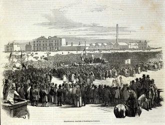 Chartistendemonstration auf dem Kennington Common: eine politische Arbeiterbewegung und Vorläuferin des Sozialismus, Stich von 1848