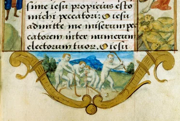 Kinder spielen Ballspiel, Vorläufer des Hockeys. (Detail)