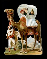 Kinder gehen in einem Kamelkorb spazieren, Algerien - Chromolithographie, spätes 19. Jahrhundert