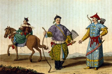 Chinesische Militärmandarine verschiedener Epochen - in „Le costume ancien et moderne“ von J. Ferrario, ed. Mailand