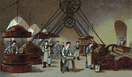 Schokoladenherstellung: Mahlwerkstatt. Chromolithografie vom Ende des 19. Jahrhunderts