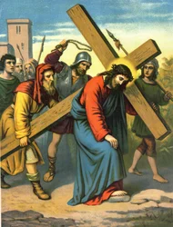 Chromolithographie des späten 19. Jahrhunderts, die das Leben Christi darstellt: Jesus trägt sein Kreuz.