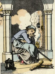 Aschenputtel träumt von einem besseren Leben am Küchenherd. Illustration des Märchens „Aschenputtel oder Der kleine Glasschuh“ von Charles Perrault