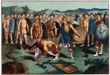 Chlodwig (465-511) und der fränkische Krieger, der 486 die Vase von Soissons zerbrach - Chlodwig I. erschlägt den Soldaten, der 486 die Vase von Soissons zerbrochen hatte. Chromolithografie des 19. Jahrhunderts.