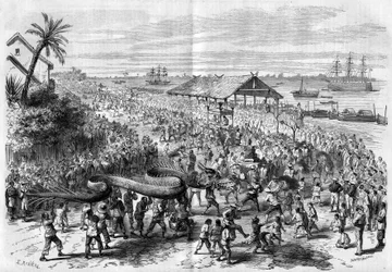 Cochinchina: jährliche Drachenprozession, organisiert von der Kongregation von Saigon im Jahr 1865.