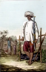 Cochinchinesischer Soldat. Bibliothèque des arts décoratifs de Paris „Le costume ancien et moderne“