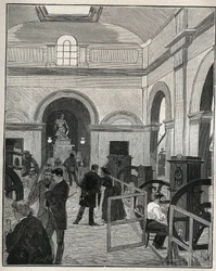 Münzwerkstatt in der Monnaie de Paris. Gravur von 1885 in „Les arts et métiers illustrés“ von Adolphe Bitard.