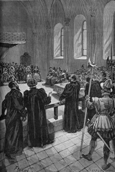 Kolloquium von Poissy (1561). Rede des Schweizer Calvinisten Théodore de Bèze (1519-1605) (Mitte, hinten), Leiter der protestantischen Delegation