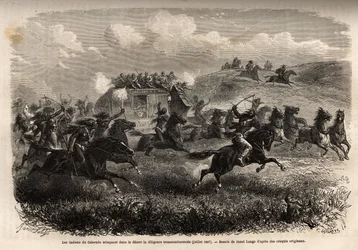 Colorado-Indianer greifen 1867 eine transkontinentale Postkutsche in der Wüste an. Gravur zur Illustration der Reise in den amerikanischen Wilden Westen, von M. L. Simonin, 1867, veröffentlicht in „Le tour du monde, nouveau journal des voyages“, herausgege