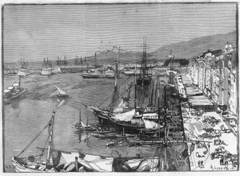 Handelsschiff und Arsenal im Hafen von Toulon (Var), Frankreich. Gravur in „Le Monde Illustré“