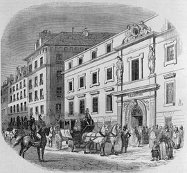 Konservatorium der Musik in der Rue du Faubourg Poissonniere in Paris: Konzert-Eingang. Gravur von 1860