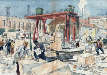 Bau des Grand Palais in Paris im Jahr 1898 anlässlich der Weltausstellung 1900. In der Mitte das Diamantrad zum Schneiden von Steinen. Illustration in „Le Pelerin“ vom 3. Juli