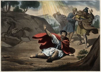 Bekehrung des Heiligen Paulus. Anonyme Gravur aus der Mitte des 19. Jahrhunderts.