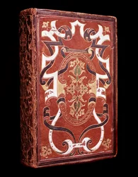 Kopie der Heiligen Bibel in Latein, die John Grolier de Servières (1479-1565), Schatzmeister und Bibliophiler, gehört, mit rotem Maroquin-Einband (Bibel mit Grolier-Buchbindung) Chantilly, Musée Condé