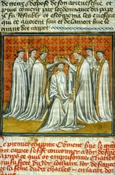 Krönung Hugo Capets (987) durch Adalbero (ca. 925-990), Erzbischof von Reims - Buchmalerei auf Velin aus dem mittelalterlichen Manuskript „Grandes Chroniques de Saint-Denis“, spätes 14. Jahrhundert (Ref. 512)
