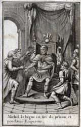 Krönung Michaels II. des Amoriers (des Stammlers) (770-829) zum byzantinischen Kaiser nach seiner Entlassung aus dem Gefängnis im Jahr 820. Er ist der Gründer der amorischen Dynastie. In „Schönheiten der Geschichte des Spätrömischen Reiches“, verfasst von