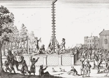 Leichen von Johan und Cornelis de Witt hängen am Galgen.