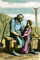 Cosette und Jean Valjean. Illustration für den Roman „Les Misérables“ von Victor Hugo (1802-1885) Gravur von 1865 Private Sammlung