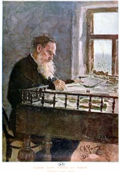 Graf Tolstoi beim Schreiben - Aquarell nach der Natur