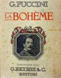 Titelblatt der Partitur „La Bohème“ von Puccini (1858-1924) mit seinem Porträt