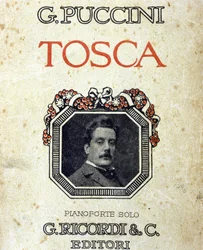 Titelblatt der Partitur „Tosca“ von Giacomo Puccini mit seinem Porträt