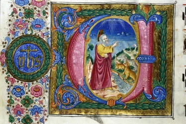 Schöpfung: Gott vor den Kreaturen der Erde. Manuskript des 15. Jahrhunderts. Bibl. Nazionale Braidense, Mailand