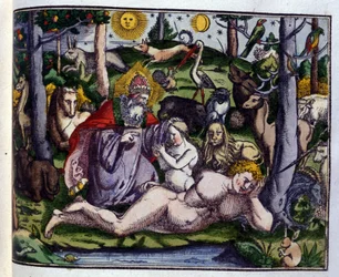 Schöpfung: Gott dargestellt umgeben von Menschen und Tieren (Hund, Kranich, Löwe, Hirsch, Biber, Affe, Einhorn, Wildschwein, Papageien, Kaninchen...), nach Historiae animalium von Konrad Gesner, Tiguri
