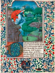 Schöpfung, der siebte Tag: Der Schöpfer fliegt über sein Werk. Landschaft mit Tieren. Miniatur aus dem Stundenbuch der Gräfin von Bretiandos