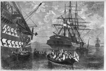 Kretische Revolte von 1866-1869 (Aufstand der Insel Kreta gegen das Osmanische Reich): Kretische Familien suchen Asyl auf Schiffen neutraler Mächte. Gravur in „L