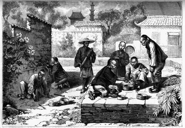 Grillenwettkampf in Peking, China. Gravur in „The Youth Journal“