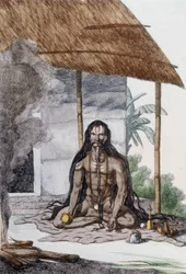 Kultur, Zivilisation und indische Gesellschaft: Porträt eines Fakirs (Faquir) beim Gebet, Indien. Gravur 1808