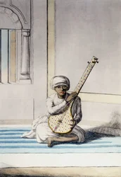 Kultur, Zivilisation und indische Gesellschaft: Musiker spielt Thambourah (Tamboura), traditionelles Instrument Indiens. Gravur 1808