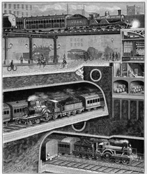Straßenschnitt von London nach England im Jahr 1898. Gravur von 1898. In „La Nature. Revue der Wissenschaften und ihrer Anwendungen auf die Künste und die Industrie“