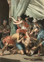 Dalila schneidet Samson die Haare ab, um ihn verwundbar zu machen und ihn den Philistern auszuliefern