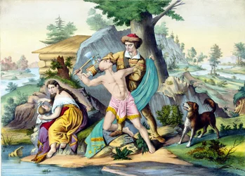 Daniel Boone schützt seine Familie: Daniel Boone, amerikanischer Pionier (1734 - 1820), tötet einen Indianer, der seine Familie mit einer Axt angreift. Gravur 19. Jahrhundert