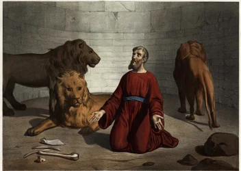 Daniel, von einem Engel des Herrn vor den Löwen geschützt. Anonyme Gravur aus der Mitte des 19. Jahrhunderts.