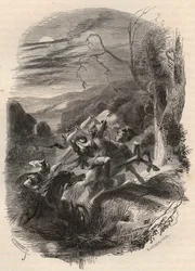 Tod des Indutiomarus (Induziomaro), Anführer der Treverer, 53 v. Chr. vom römischen Heer getötet. Stich von 1868 in „Histoire de Belgique des temps primitifs jusqu