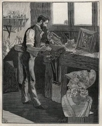 Dekoration von Silberwaren: Bronzemeißler. Gravur von 1885 in „Les arts et métiers illustrés“ von Adolphe Bitard.
